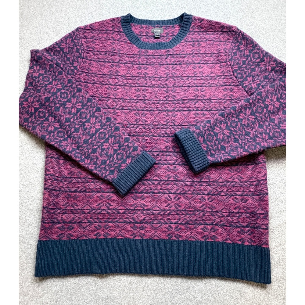 J.Crew Mens 100% Lambswool Fair Isle Sweater Burgundy Navy Blue Nordic Large